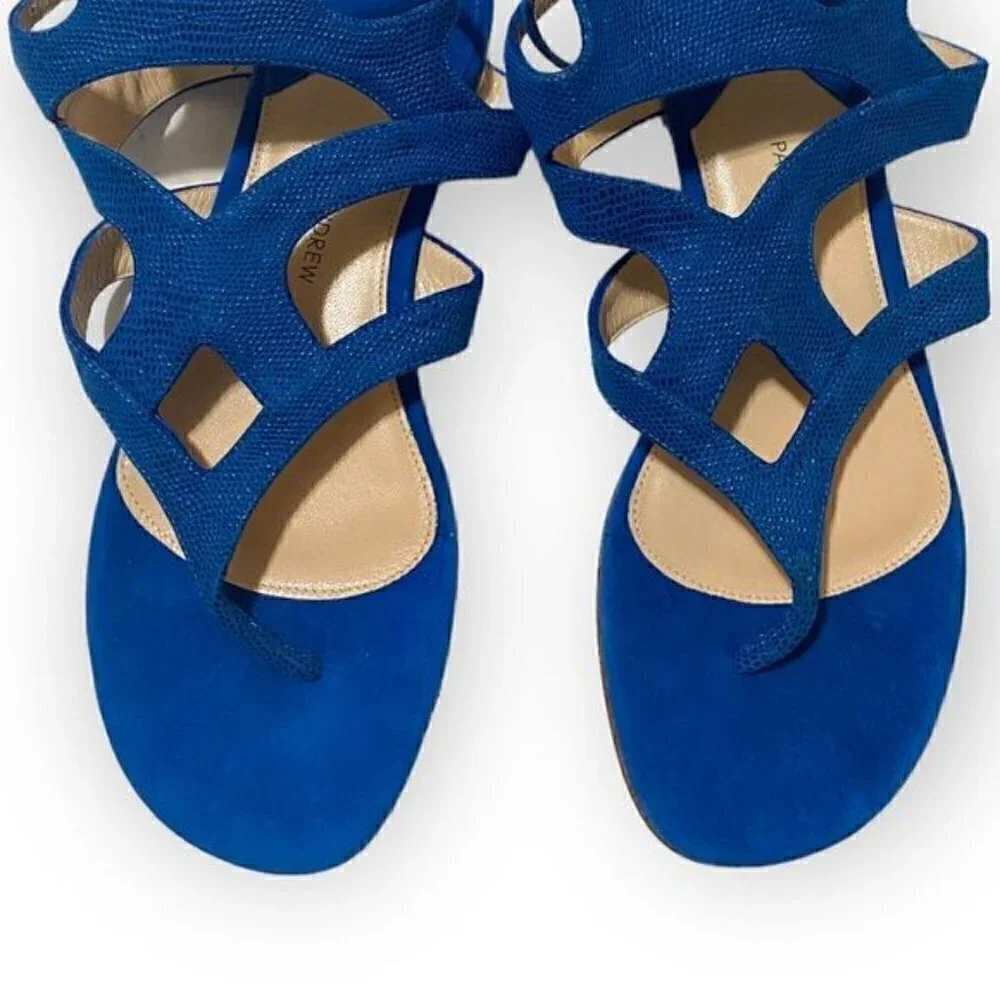 Paul Andrew double ankle strap flat thong sandals in blue embossed suede, New